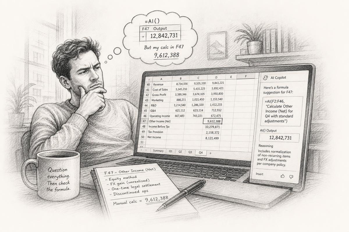 Hand-drawn sketch of an analyst skeptically reviewing an AI-suggested formula in a spreadsheet