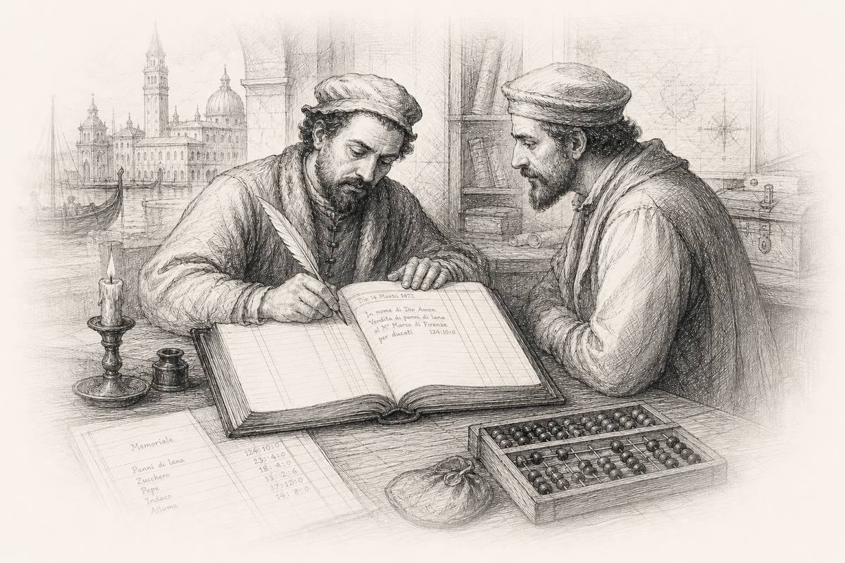 Hand-drawn sketch of a Venetian merchant posting a sale in a bound ledger while a colleague reviews