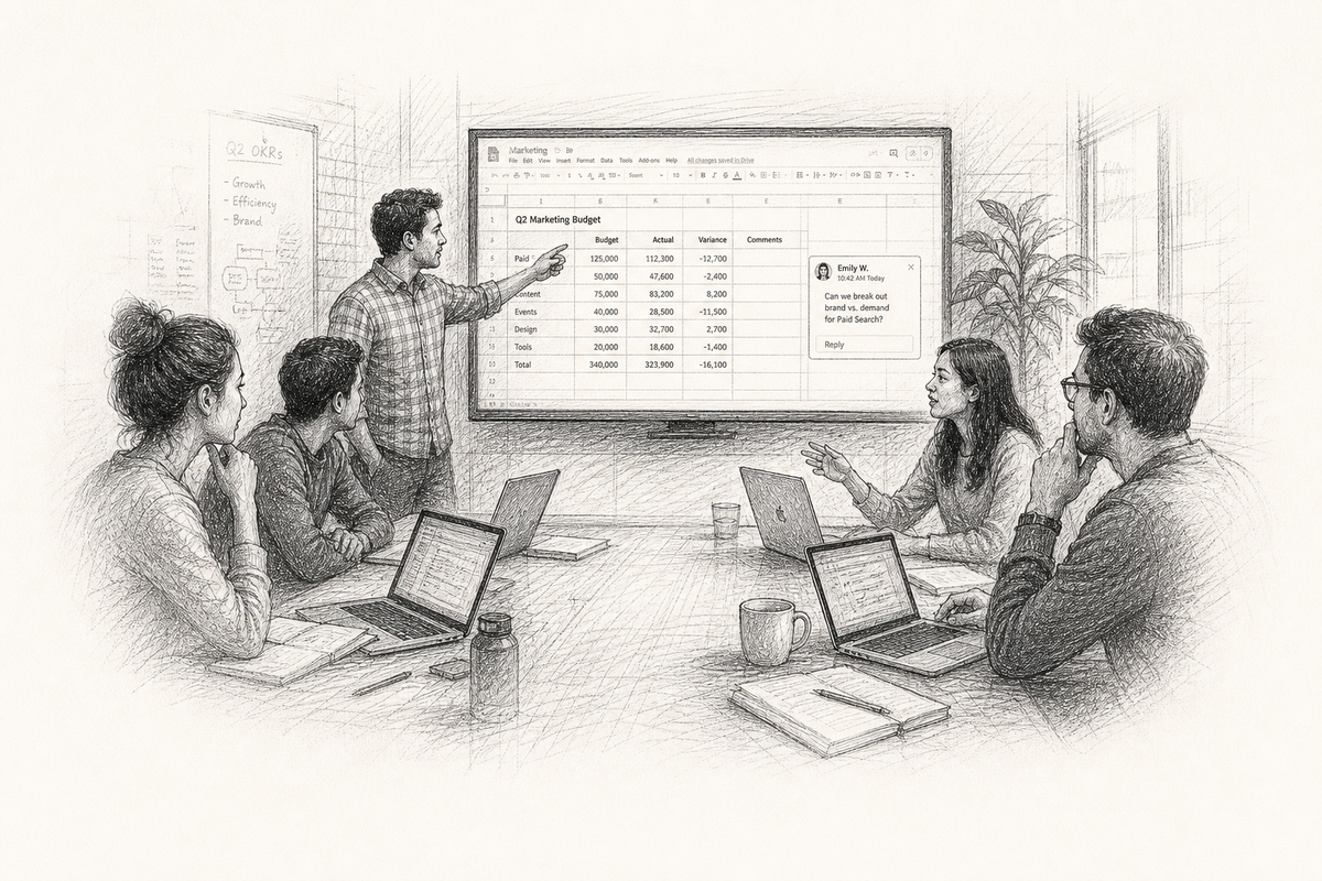 Hand-drawn sketch of a team meeting where someone presents a shared spreadsheet and colleagues debate the numbers