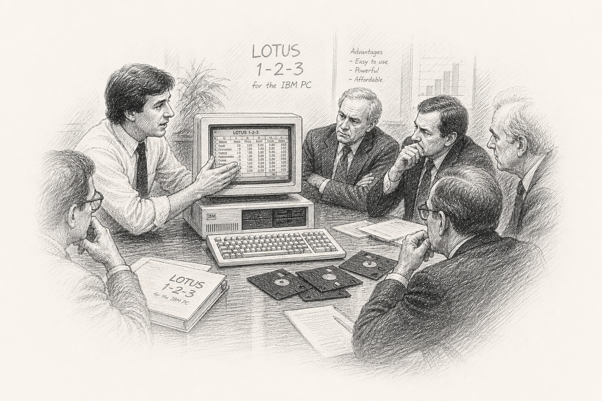Hand-drawn sketch of a 1983 product demo where a founder pitches Lotus 1-2-3 to skeptical executives