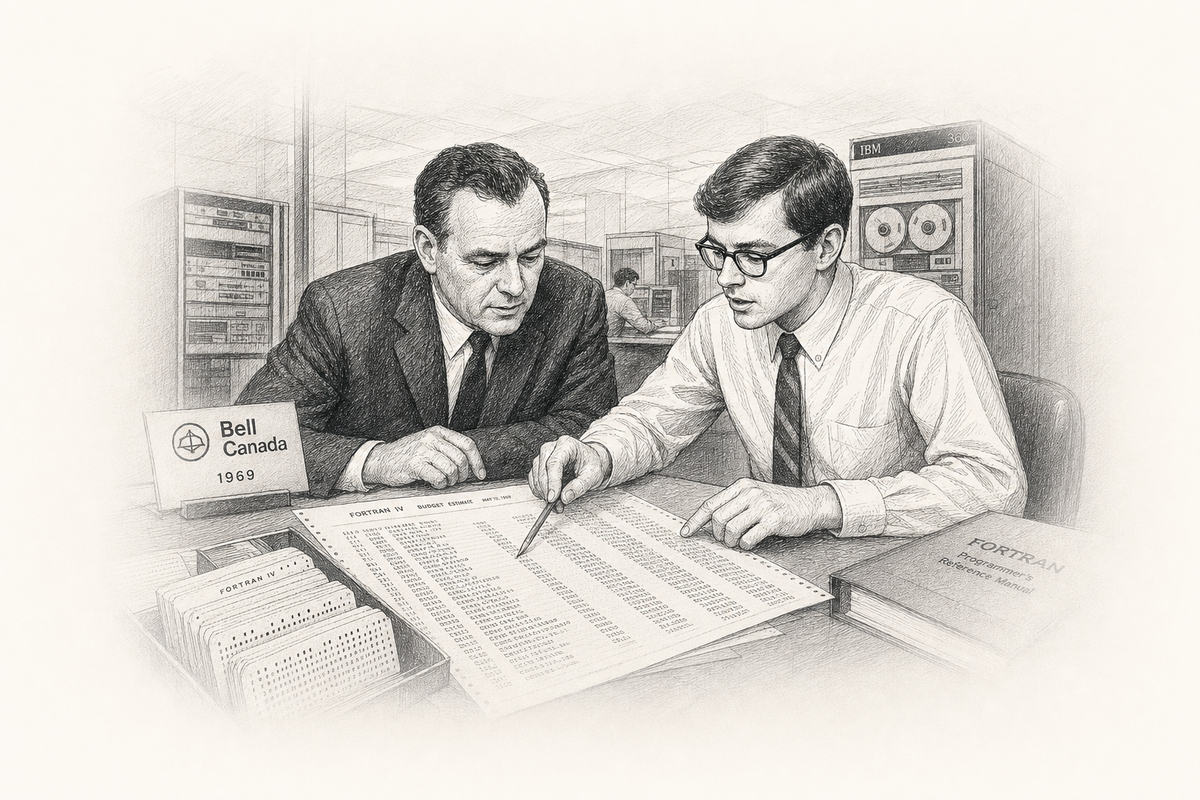 Hand-drawn sketch of a Bell Canada manager and Fortran analyst reviewing a mainframe budget printout together