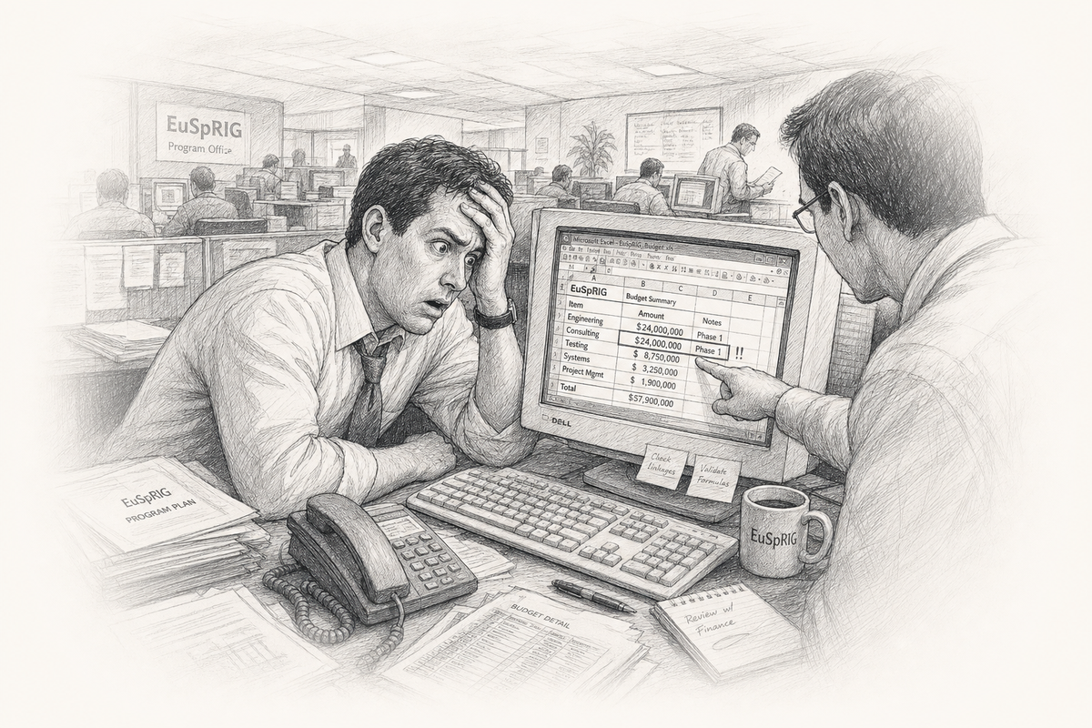 Hand-drawn sketch of analysts discovering a costly cut-and-paste error duplicated in a spreadsheet