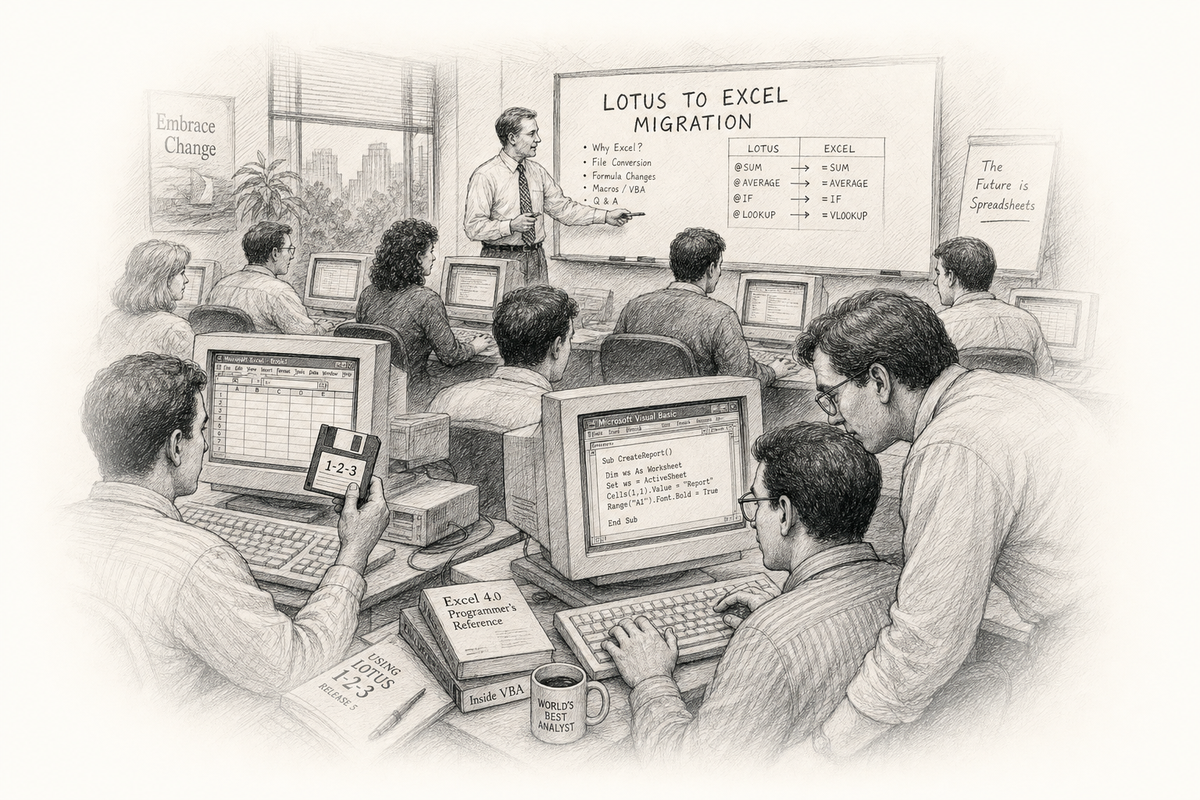 Hand-drawn sketch of a corporate training session where employees migrate Lotus 1-2-3 files to Excel and learn VBA