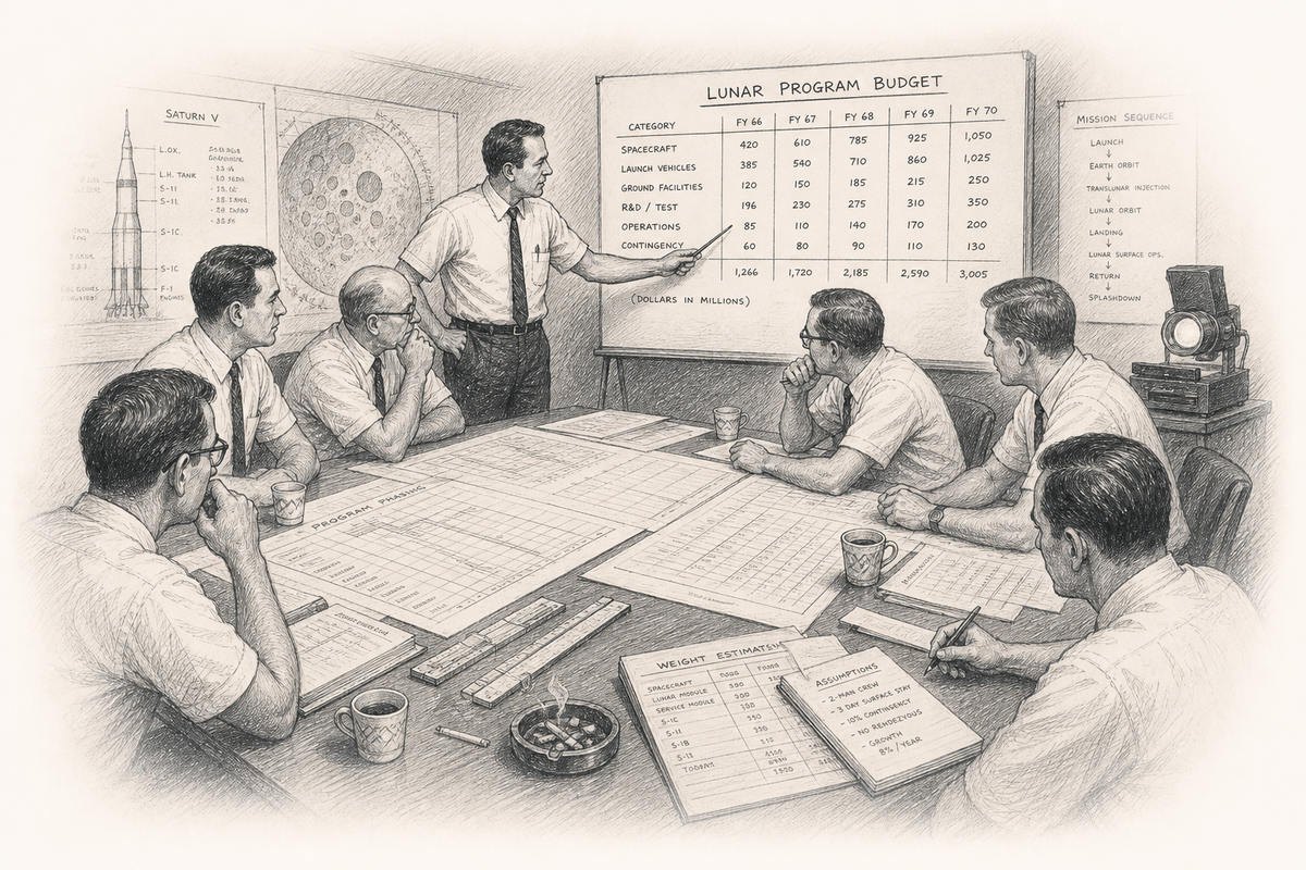 Hand-drawn sketch of aerospace engineers debating a lunar program budget spread sheet in a 1960s briefing room