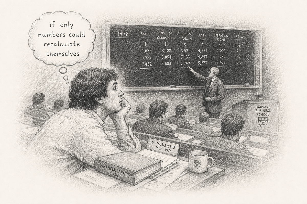 Hand-drawn sketch of a Harvard Business School lecture where a student daydreams about numbers that recalculate themselves